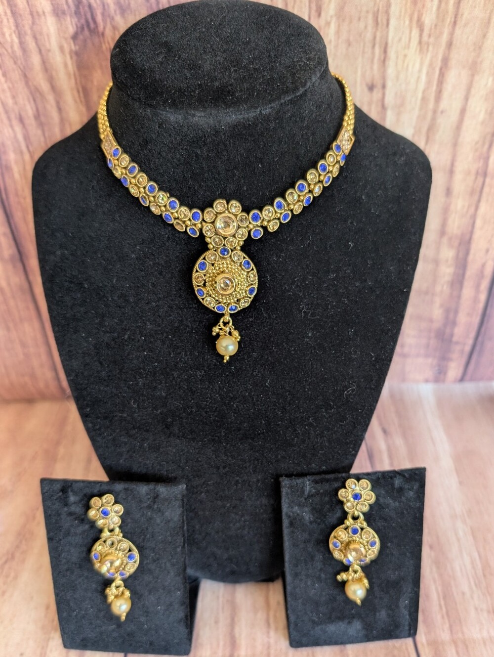 Gold-Tone Blue Accent Pendant Necklace and Earring Set